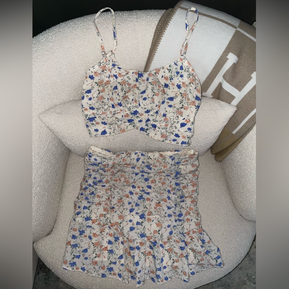 Blush Peach Dusty Blue Floral Cream Ruched Tank Skirt Set